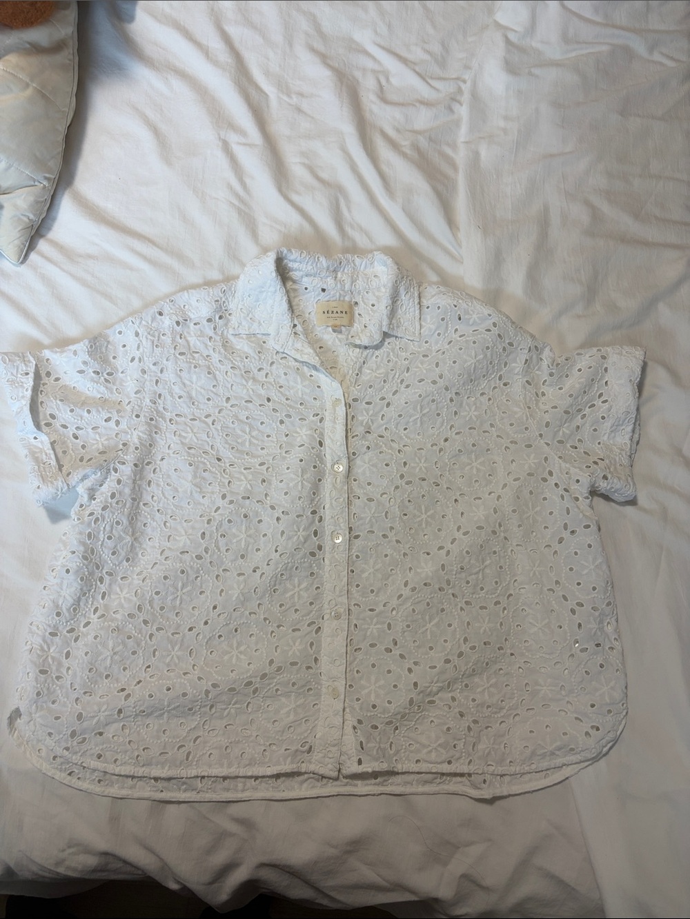 Sezane White Embroidered Eyelet Button-Up Shirt